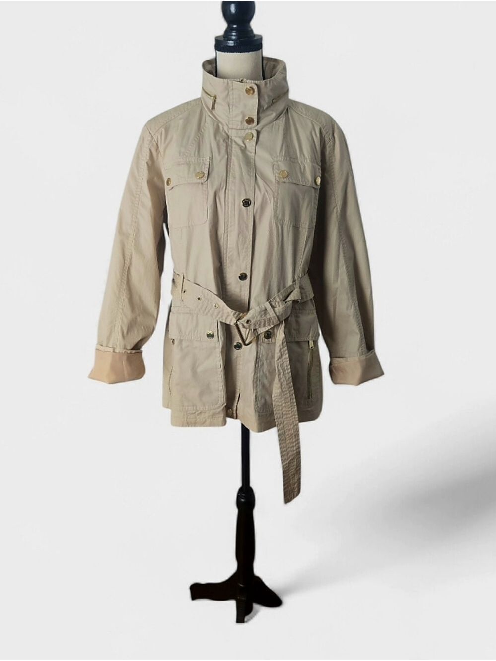 Michael Michael Kors Utility Rain Jacket XL Khaki Belted Gold Hardware
